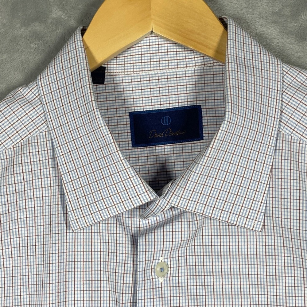 David Donahue Mens 18.5 34/35 Blue Burgundy Micro Check Cotton Dress Shirt Flaw